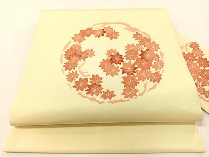 平和屋着物●塩瀬　九寸名古屋帯　刺繍　楓丸文　正絹　逸品　CABG1602vp