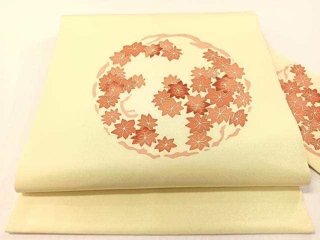 平和屋着物●塩瀬　九寸名古屋帯　刺繍　楓丸文　正絹　逸品　CABG1602vp