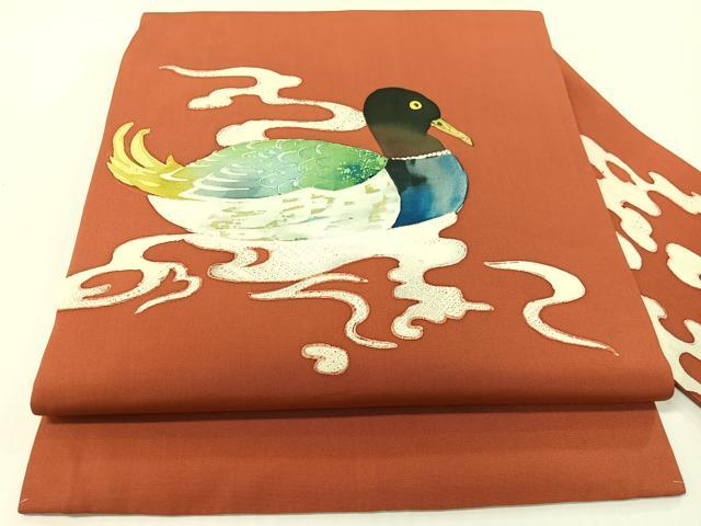 平和屋着物●塩瀬　九寸名古屋帯　ろうけつ染め　鴨　正絹　逸品　CABG1604vp