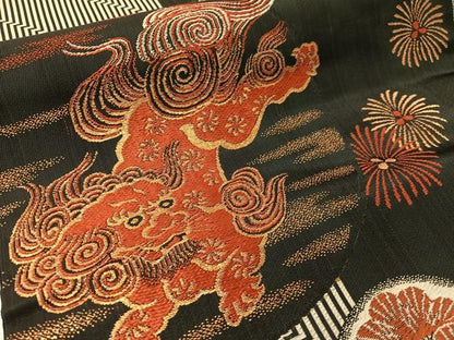 平和屋着物●アンティーク　大正ロマン　九寸名古屋帯　唐織　狛犬　黒地　金糸　正絹　逸品　CABG1612vp