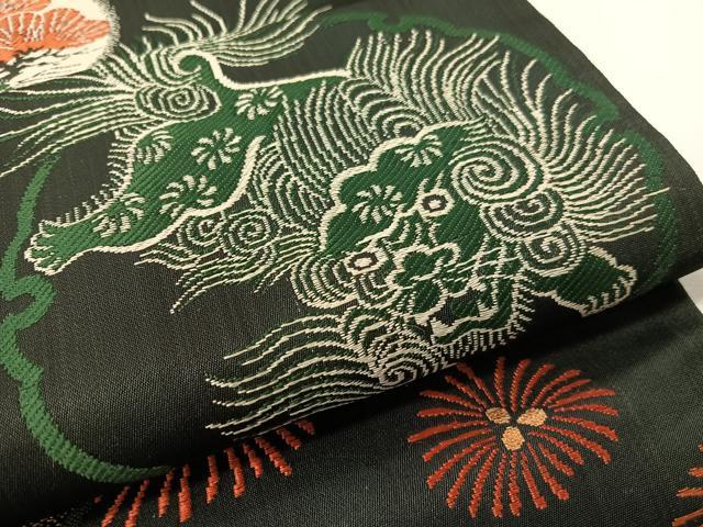 平和屋着物●アンティーク　大正ロマン　九寸名古屋帯　唐織　狛犬　黒地　金糸　正絹　逸品　CABG1612vp