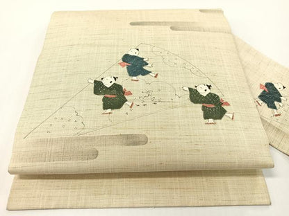 平和屋着物●九寸名古屋帯　紬地　手描き　パッチワーク　唐子遊び　正絹　逸品　CABG1618vp
