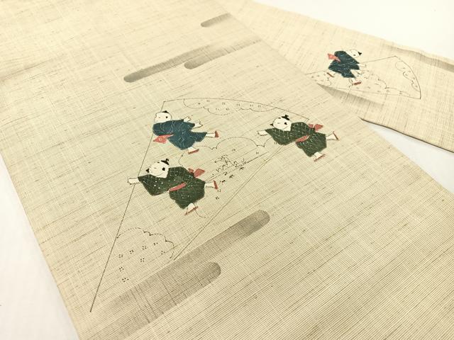 平和屋着物●九寸名古屋帯　紬地　手描き　パッチワーク　唐子遊び　正絹　逸品　CABG1618vp