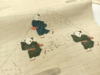平和屋着物●九寸名古屋帯　紬地　手描き　パッチワーク　唐子遊び　正絹　逸品　CABG1618vp