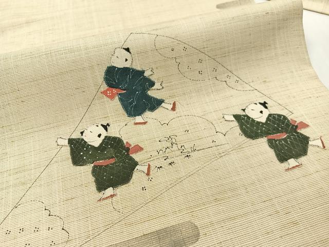 平和屋着物●九寸名古屋帯　紬地　手描き　パッチワーク　唐子遊び　正絹　逸品　CABG1618vp