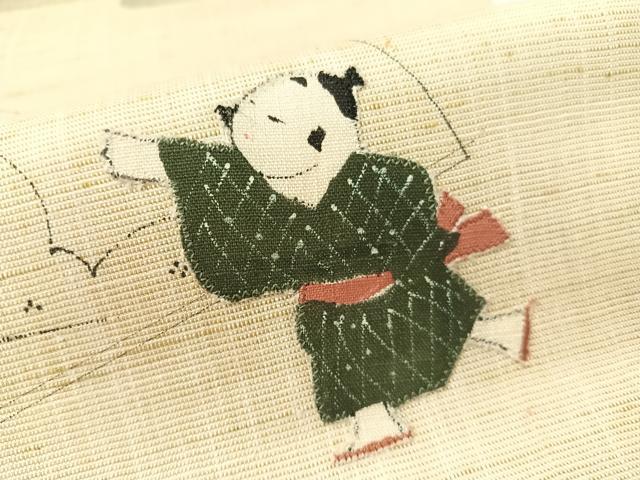 平和屋着物●九寸名古屋帯　紬地　手描き　パッチワーク　唐子遊び　正絹　逸品　CABG1618vp