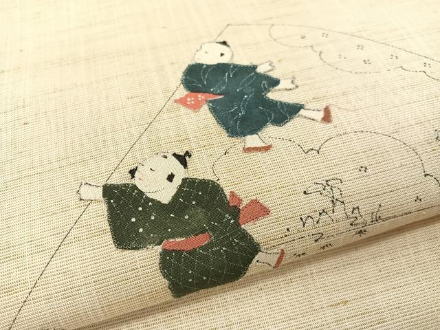 平和屋着物●九寸名古屋帯　紬地　手描き　パッチワーク　唐子遊び　正絹　逸品　CABG1618vp