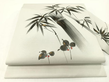 平和屋着物●塩瀬　九寸名古屋帯　作家物　手描き　笹竹文　金彩　正絹　逸品　CABG1622vp