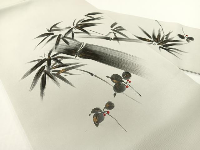 平和屋着物●塩瀬　九寸名古屋帯　作家物　手描き　笹竹文　金彩　正絹　逸品　CABG1622vp