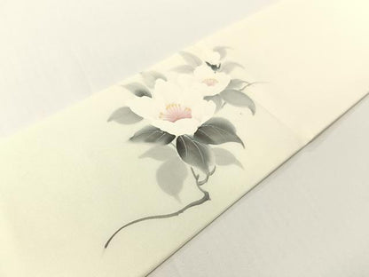 平和屋着物●塩瀬　九寸名古屋帯　作家物　手描き　草花文　金彩　逸品　CABG1624vp