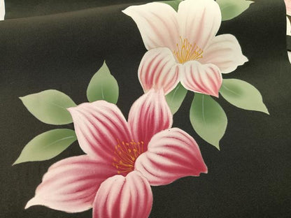 平和屋着物●塩瀬　九寸名古屋帯　手描き　草花文　黒地　正絹　逸品　CABG1626vp