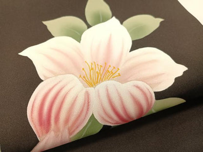 平和屋着物●塩瀬　九寸名古屋帯　手描き　草花文　黒地　正絹　逸品　CABG1626vp