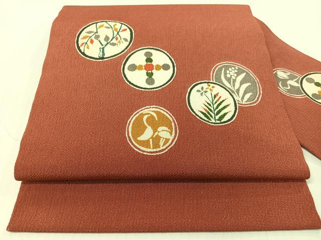 平和屋着物●九寸名古屋帯　型染め　花鳥丸文　鬼しぼ縮緬　正絹　逸品　CABG1627vp