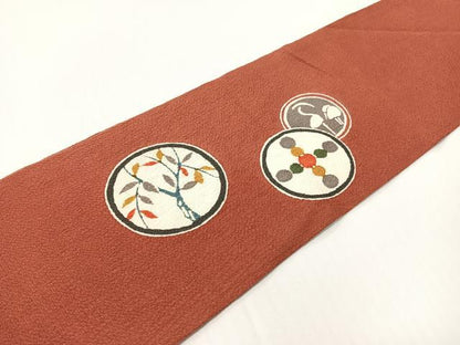 平和屋着物●九寸名古屋帯　型染め　花鳥丸文　鬼しぼ縮緬　正絹　逸品　CABG1627vp