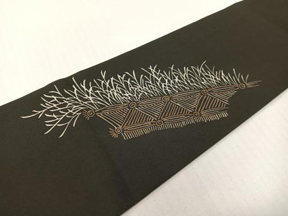平和屋着物●塩瀬　九寸名古屋帯　ろうけつ染め　籬文　黒地　正絹　逸品　CABG1629vp