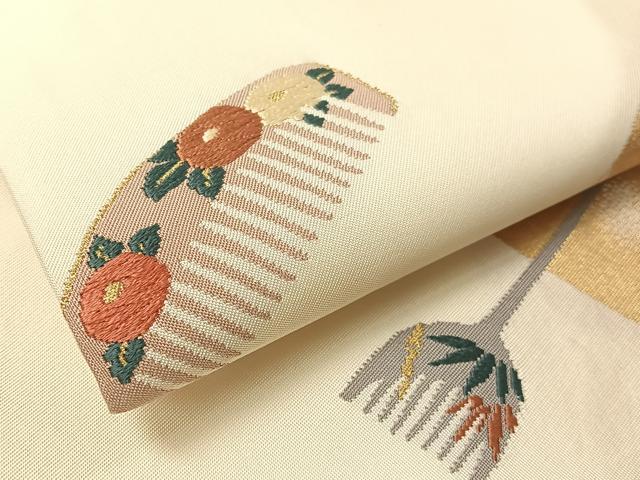 平和屋着物●九寸名古屋帯　唐織　櫛　簪　金糸　正絹　逸品　CABG1638vp