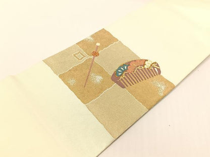 平和屋着物●九寸名古屋帯　唐織　櫛　簪　金糸　正絹　逸品　CABG1638vp