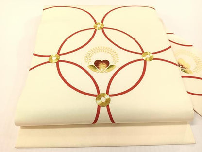 平和屋着物●塩瀬　九寸名古屋帯　駒刺繍　七宝花文　金彩　正絹　逸品　CABG1639vp