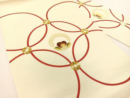 平和屋着物●塩瀬　九寸名古屋帯　駒刺繍　七宝花文　金彩　正絹　逸品　CABG1639vp