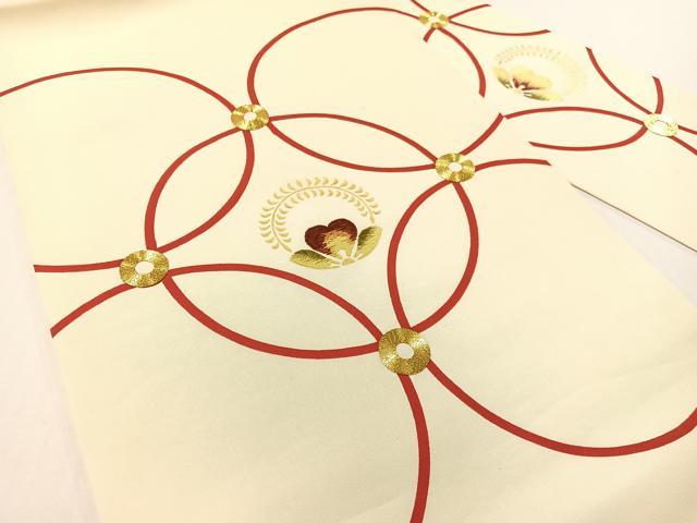 平和屋着物●塩瀬　九寸名古屋帯　駒刺繍　七宝花文　金彩　正絹　逸品　CABG1639vp