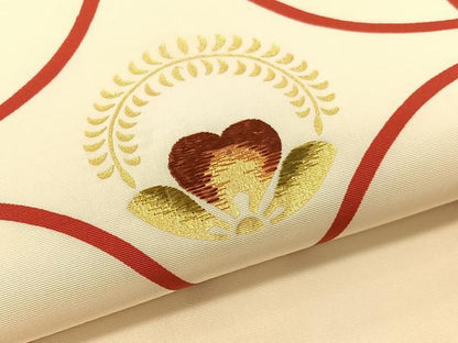 平和屋着物●塩瀬　九寸名古屋帯　駒刺繍　七宝花文　金彩　正絹　逸品　CABG1639vp
