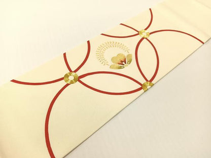 平和屋着物●塩瀬　九寸名古屋帯　駒刺繍　七宝花文　金彩　正絹　逸品　CABG1639vp