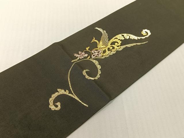 平和屋着物●塩瀬　九寸名古屋帯　総刺繍　鳳凰更紗吉祥文　黒地　金糸　正絹　逸品　CABG1640vp