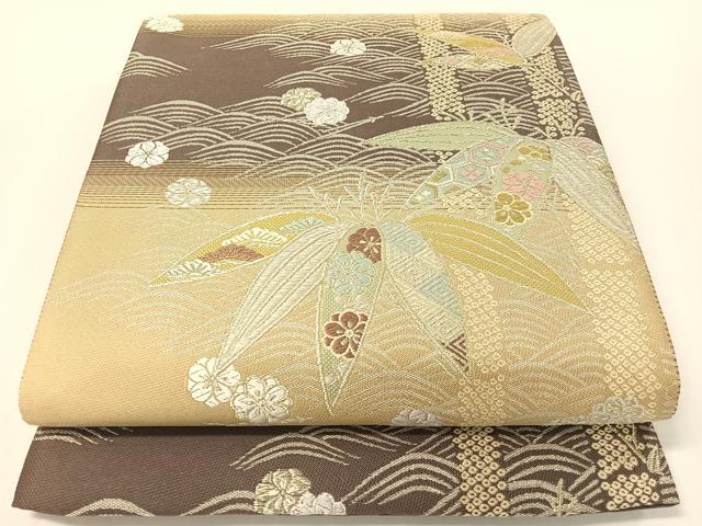 平和屋着物●両面　全通柄袋帯　唐織　立波笹花文　金糸　正絹　逸品　CABG1648vp