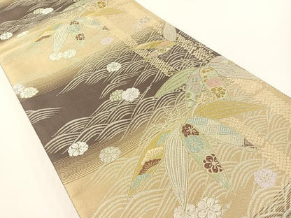 平和屋着物●両面　全通柄袋帯　唐織　立波笹花文　金糸　正絹　逸品　CABG1648vp