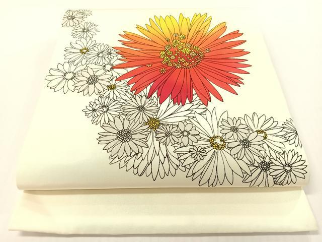 平和屋着物●塩瀬　九寸開き名古屋帯　手描き　菊花文　金彩　正絹　逸品　CABG1650vp