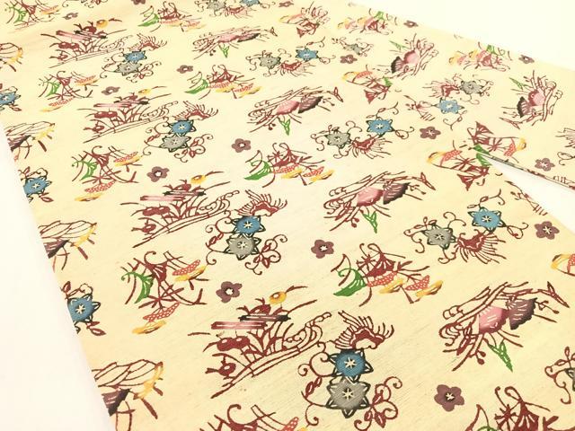 平和屋着物●全通柄　九寸名古屋帯　本場琉球紅型　紬地　吉祥花文　正絹　逸品　CABG1653vp