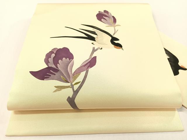 平和屋着物●塩瀬　九寸名古屋帯　手描き　燕花文　正絹　逸品　CABG1655vp