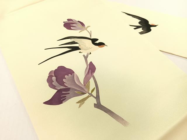 平和屋着物●塩瀬　九寸名古屋帯　手描き　燕花文　正絹　逸品　CABG1655vp