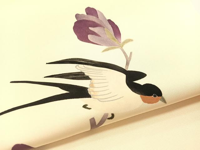 平和屋着物●塩瀬　九寸名古屋帯　手描き　燕花文　正絹　逸品　CABG1655vp