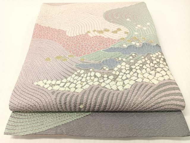 平和屋着物●十日町 名門 滝泰謹製 太鼓柄袋帯 中国三大刺繍 相良刺繍 おぼろ染め 襲ね絞り 立波箔散らし 銀通し地 正絹 逸品 CABG1657vp