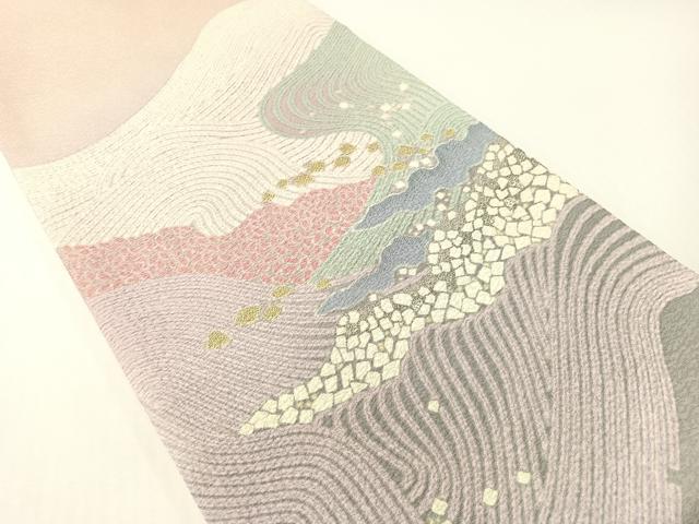 平和屋着物●十日町 名門 滝泰謹製 太鼓柄袋帯 中国三大刺繍 相良刺繍 おぼろ染め 襲ね絞り 立波箔散らし 銀通し地 正絹 逸品 CABG1657vp