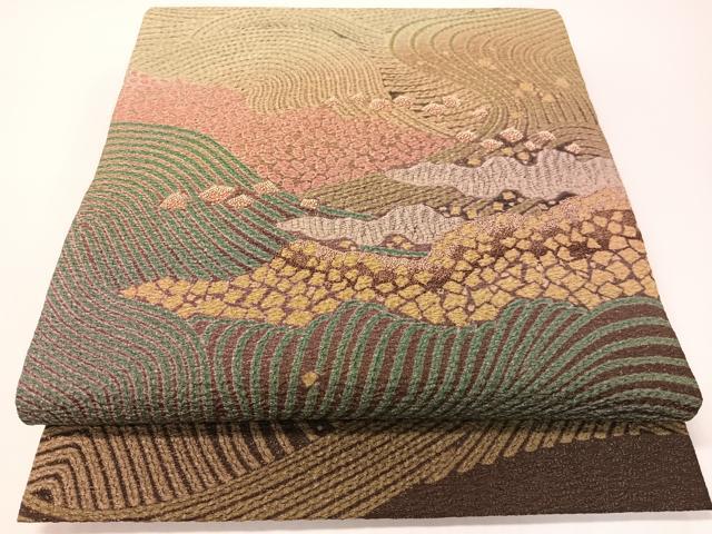 平和屋着物●十日町 名門 滝泰謹製 太鼓柄袋帯 中国三大刺繍 相良刺繍 おぼろ染め 襲ね絞り 立波箔散らし 銀通し地 正絹 逸品 CABG1666vp