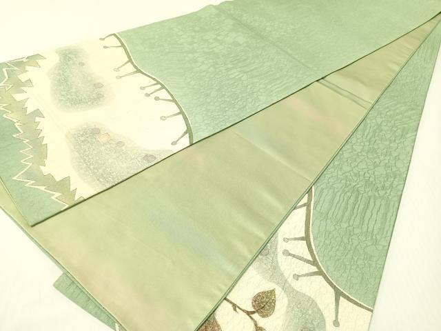 平和屋着物●博多織　鵬翔　両面　太鼓柄袋帯　ふくれ織　作家物　枝葉文　金通し地　正絹　逸品　CABG1667vp
