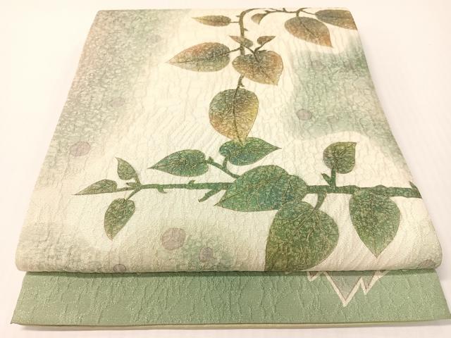 平和屋着物●博多織　鵬翔　両面　太鼓柄袋帯　ふくれ織　作家物　枝葉文　金通し地　正絹　逸品　CABG1667vp