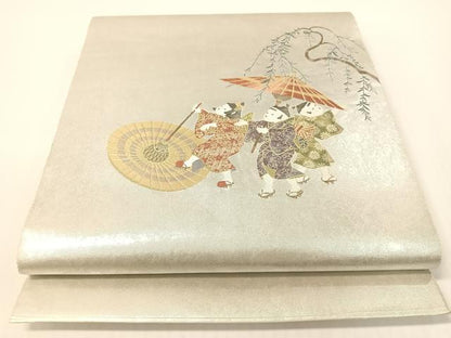平和屋着物●太鼓柄袋帯　水無月　長糸雨　童子　プラチナ箔　正絹　逸品　CABG1673vp