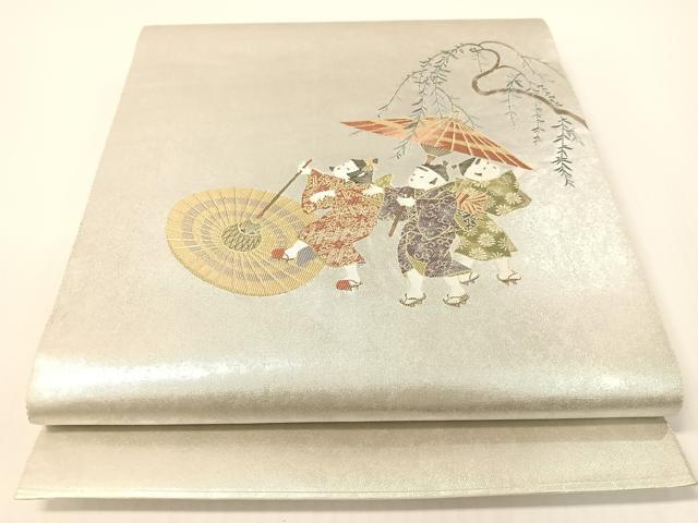 平和屋着物●太鼓柄袋帯　水無月　長糸雨　童子　プラチナ箔　正絹　逸品　CABG1673vp