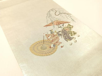 平和屋着物●太鼓柄袋帯　水無月　長糸雨　童子　プラチナ箔　正絹　逸品　CABG1673vp