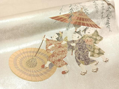 平和屋着物●太鼓柄袋帯　水無月　長糸雨　童子　プラチナ箔　正絹　逸品　CABG1673vp