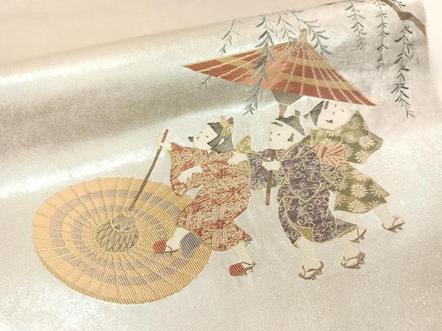 平和屋着物●太鼓柄袋帯　水無月　長糸雨　童子　プラチナ箔　正絹　逸品　CABG1673vp