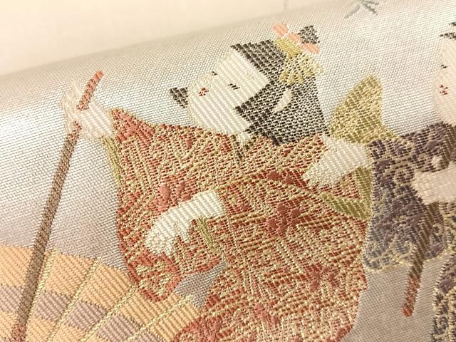 平和屋着物●太鼓柄袋帯　水無月　長糸雨　童子　プラチナ箔　正絹　逸品　CABG1673vp