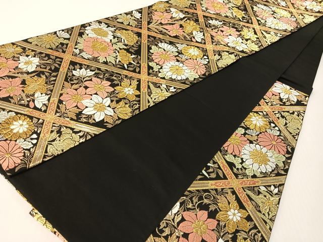平和屋着物●六通柄袋帯　唐織　格天井花文　黒地　金糸　正絹　逸品　CABG1681vp