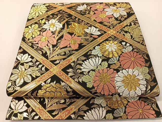 平和屋着物●六通柄袋帯　唐織　格天井花文　黒地　金糸　正絹　逸品　CABG1681vp