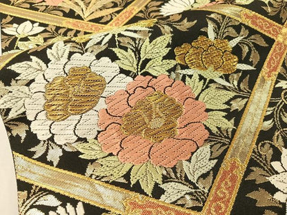 平和屋着物●六通柄袋帯　唐織　格天井花文　黒地　金糸　正絹　逸品　CABG1681vp