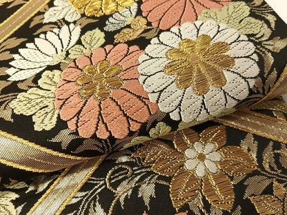 平和屋着物●六通柄袋帯　唐織　格天井花文　黒地　金糸　正絹　逸品　CABG1681vp