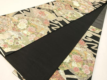 平和屋着物●六通柄袋帯　誰が袖花鳥文　黒地　金糸　正絹　逸品　CABG1684vp